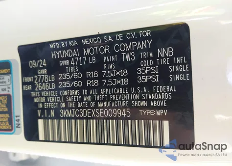 2025 Hyundai Tucson Sel Convenience z USA, uszkodzony, nr VIN 3KMJC3DEXSE009945